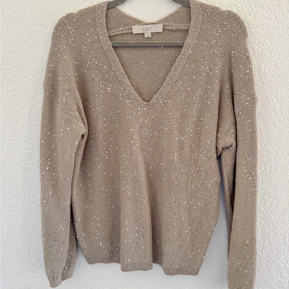 LOFT Tan Sweater with Sparkle Detail- Large